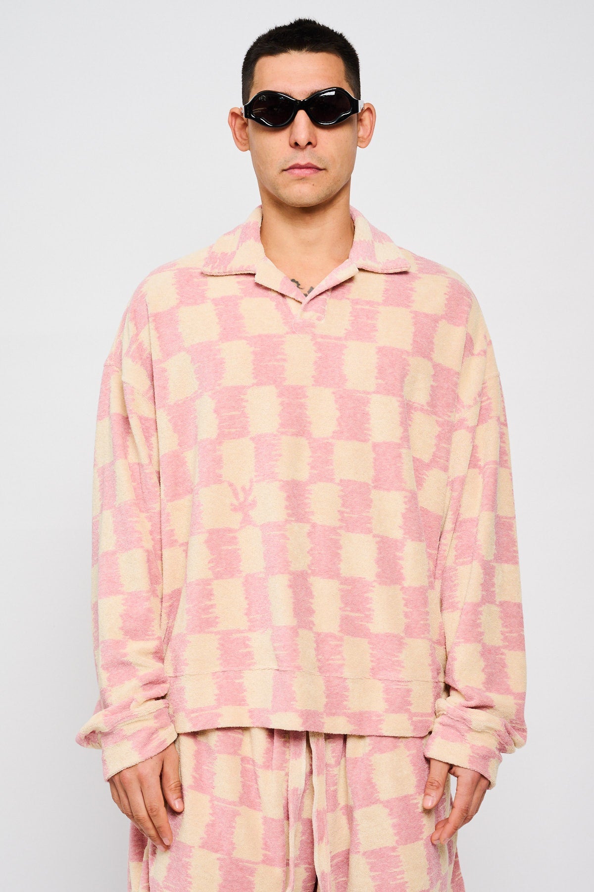 Bonsai Terry Cloth Longsleeve Polo Oversize Fit Beige & Pink