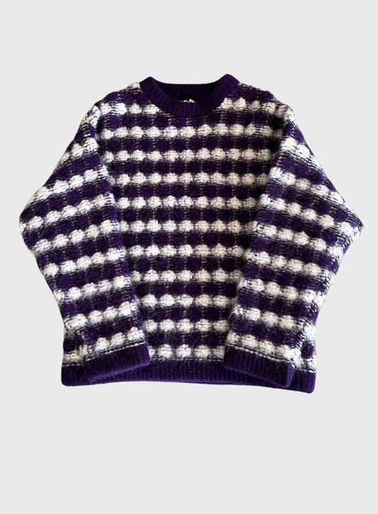 Bonsai Puff Mohair Knit Crewneck Sweater Oversize Fit Purple & White