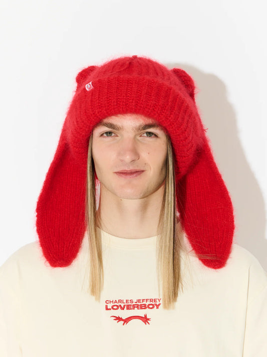 Charles Jeffrey LOVERBOY Mohair Chunky Rabbit Beanie Red