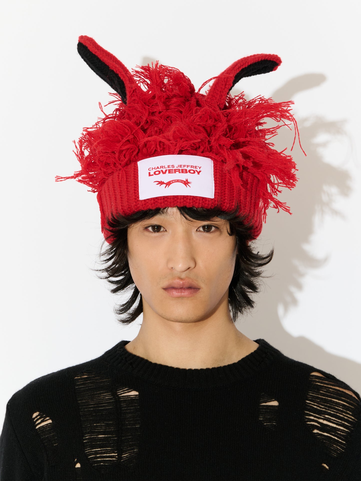 Charles Jeffrey LOVERBOY Artisanal Shaggy Ears Beanie Red