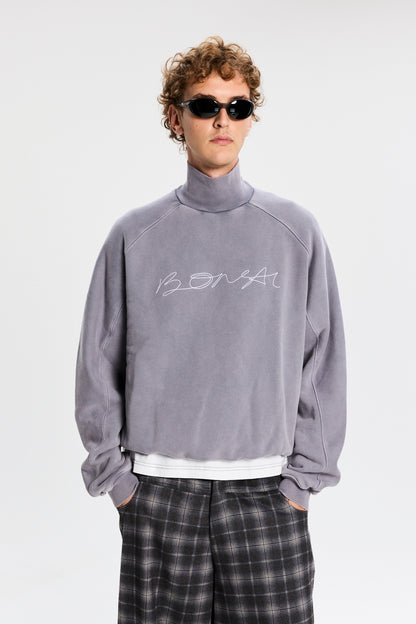 Bonsai Seasonal Embroidery Highneck Sweatshirt Vintage Grey