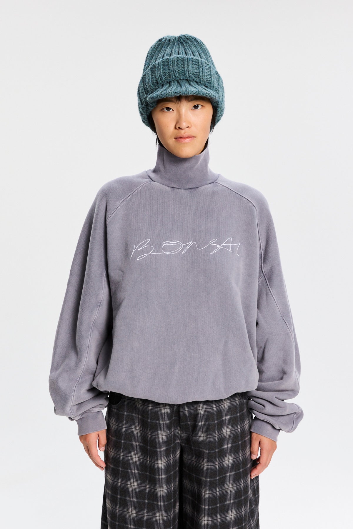Bonsai Seasonal Embroidery Highneck Sweatshirt Vintage Grey