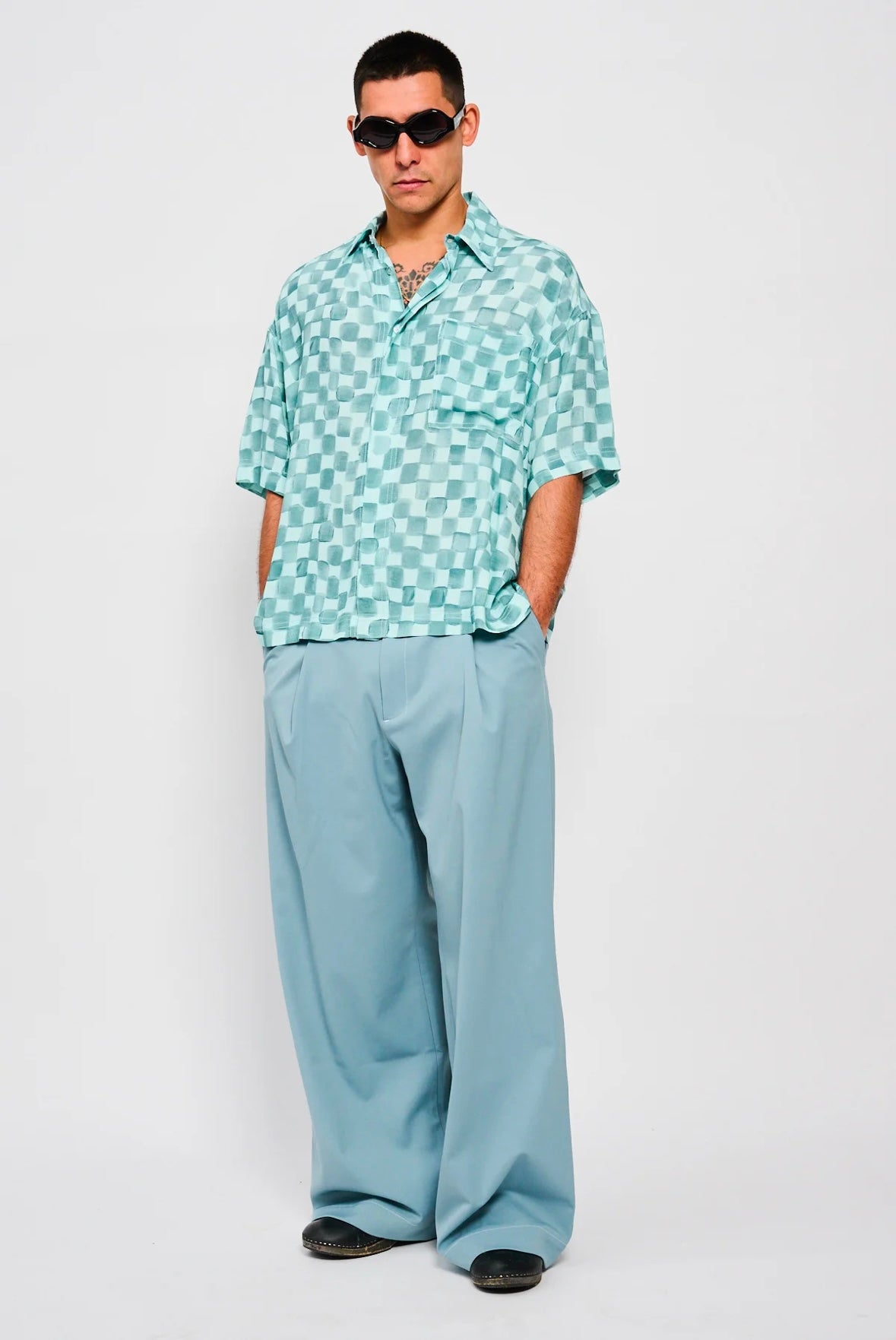 Bonsai Acquarello Cropped Shirt Oversize Fit Blue