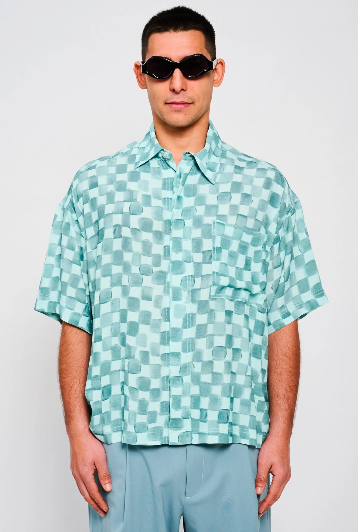 Bonsai Acquarello Cropped Shirt Oversize Fit Blue