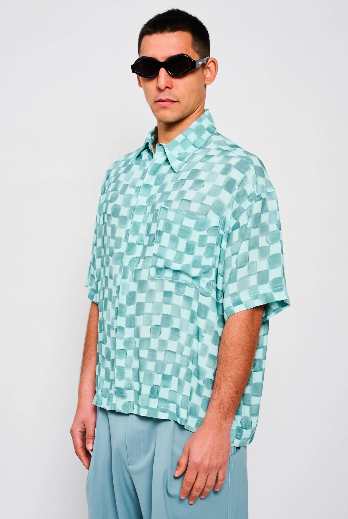 Bonsai Acquarello Cropped Shirt Oversize Fit Blue