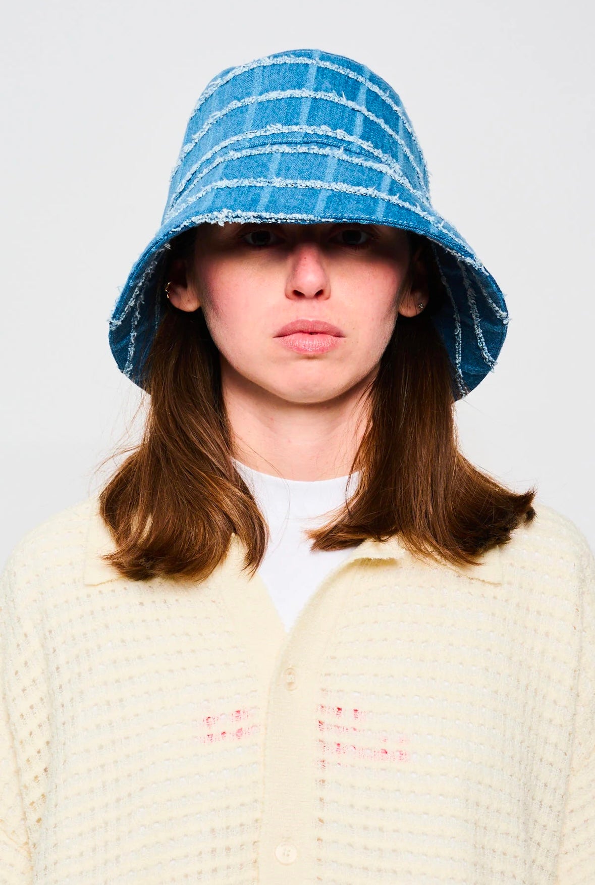 Bonsai Check Denim Bucket Hat Oversize Blue