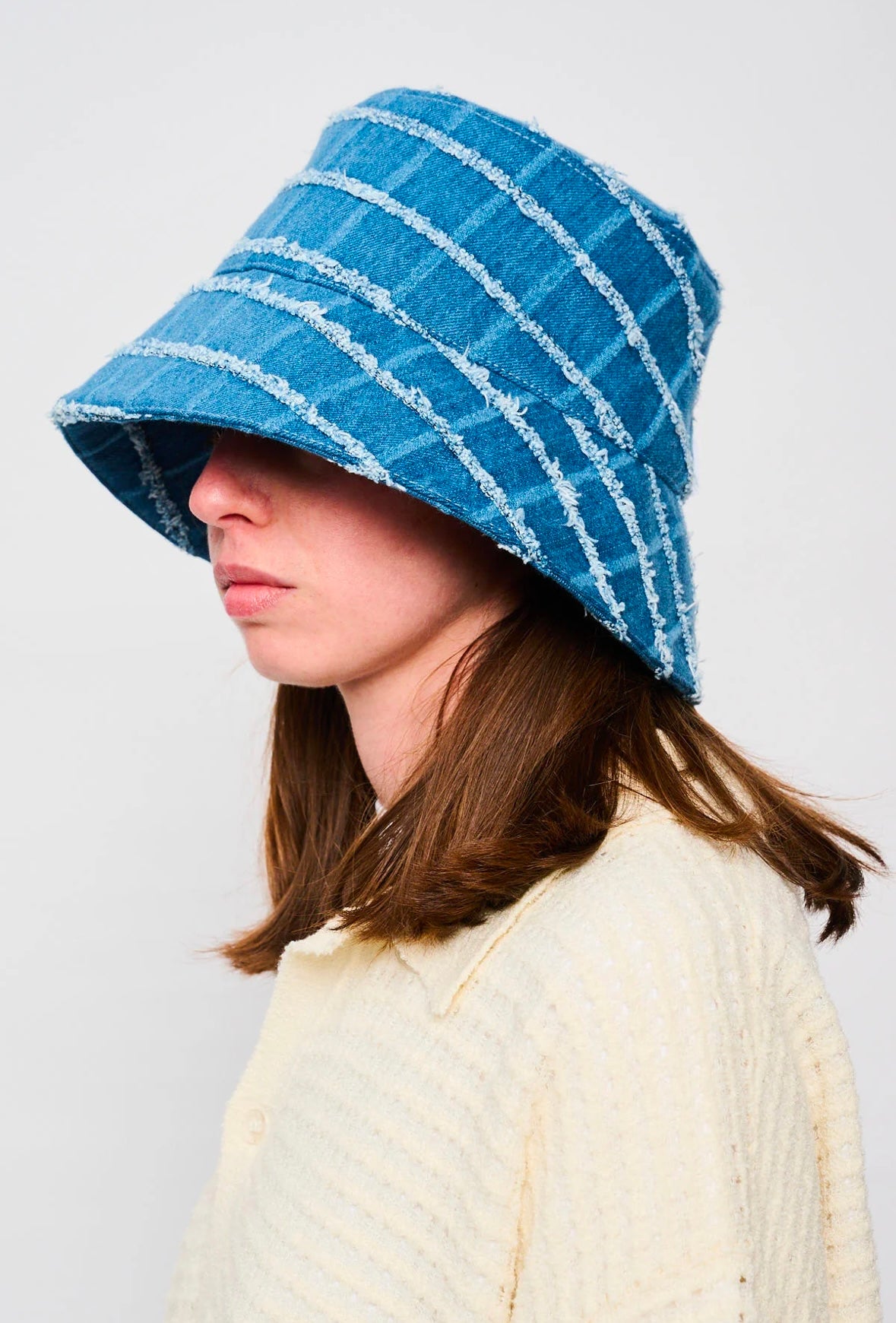 Bonsai Check Denim Bucket Hat Oversize Blue