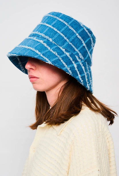 Bonsai Check Denim Bucket Hat Oversize Blue