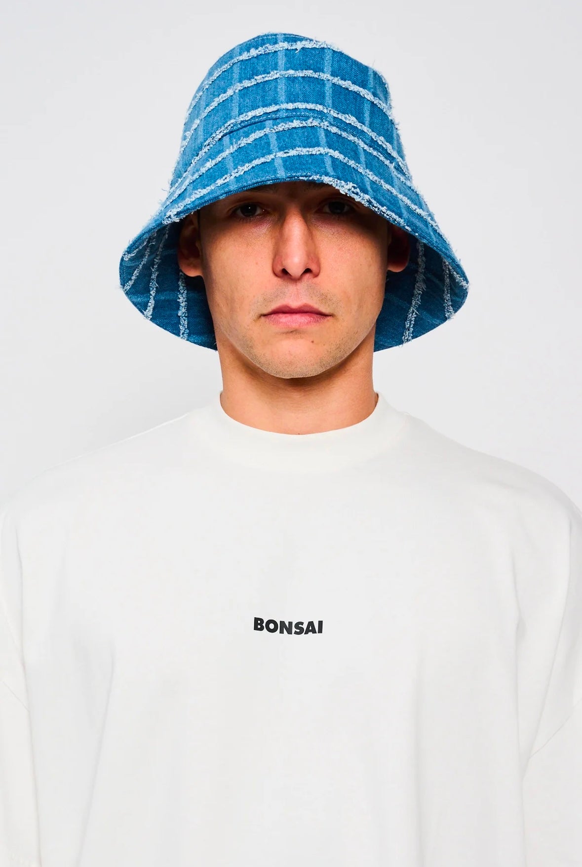 Bonsai Check Denim Bucket Hat Oversize Blue