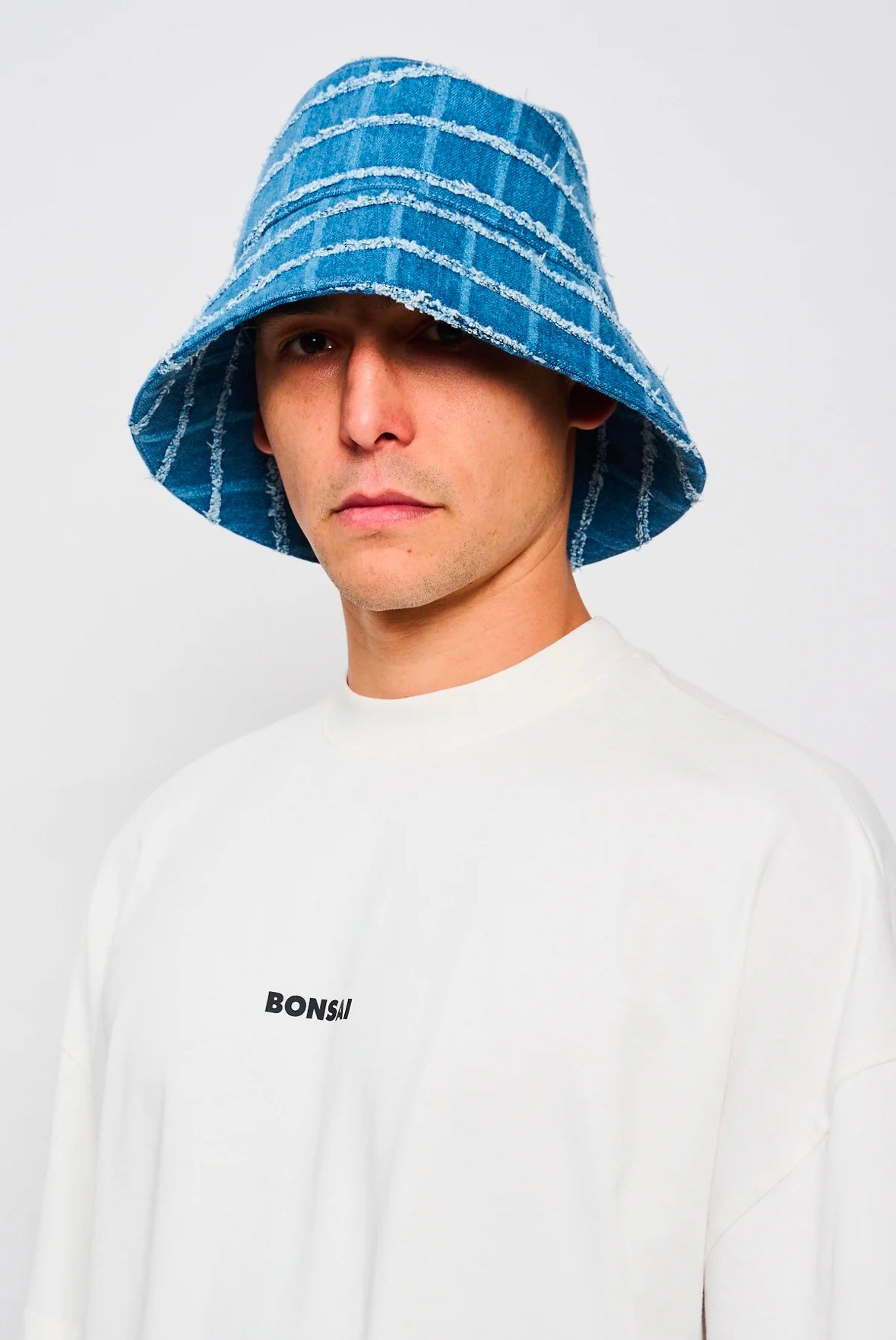 Bonsai Check Denim Bucket Hat Oversize Blue