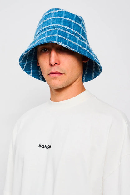 Bonsai Check Denim Bucket Hat Oversize Blue