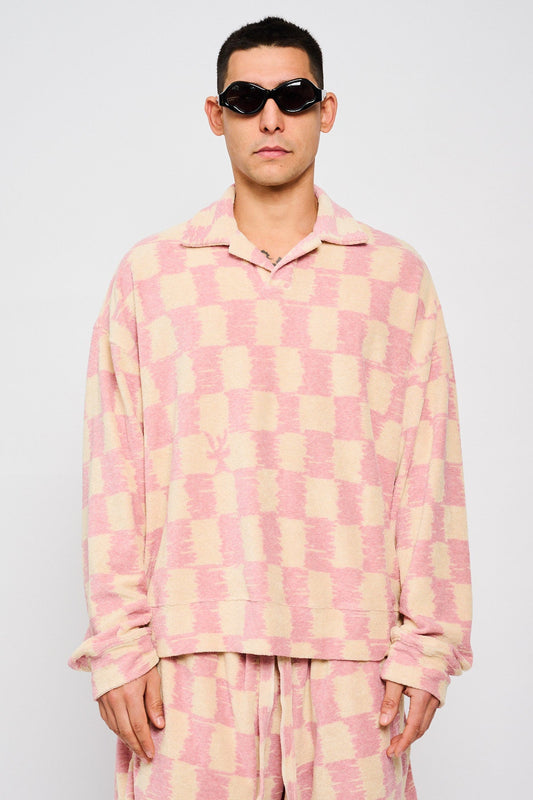 Bonsai Terry Cloth Longsleeve Polo Oversize Fit Beige & Pink