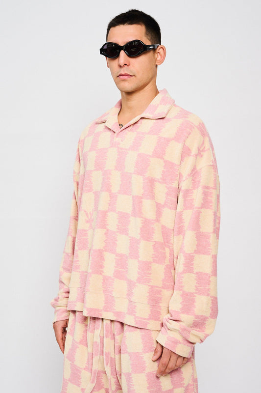 Bonsai Terry Cloth Longsleeve Polo Oversize Fit Beige & Pink