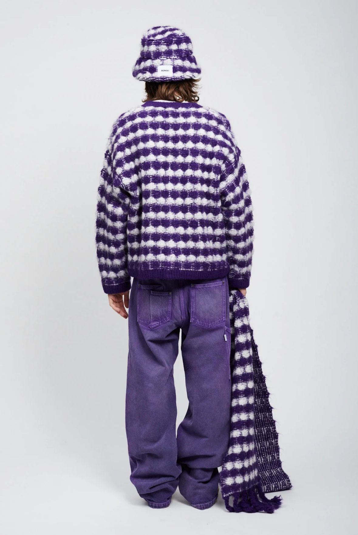 Bonsai Puff Mohair Knit Crewneck Sweater Oversize Fit Purple & White