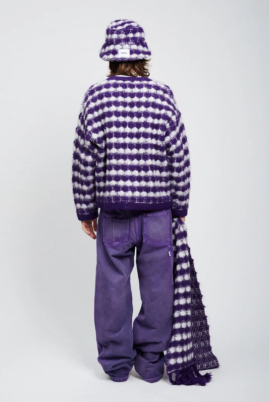 Bonsai Puff Mohair Knit Crewneck Sweater Oversize Fit Purple & White
