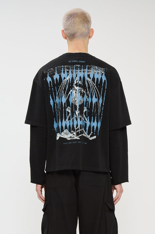 44Label Over Double Longsleeve Tee Underworld Black + Metal Blue/Dirty White