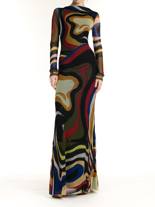 Ottolinger Mesh Longsleeve Maxi Dress Psychedelic Print